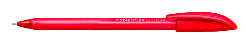 Red Staedtler ball 4320 F ballpoint pen lying flat with the curved cap posted on the end and the fine tip showing