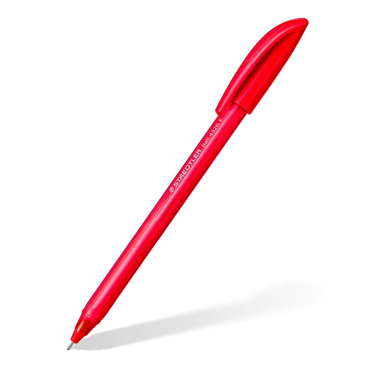 Single red Staedtler ball 4320 F triangular ballpoint pen standing at an angle with its cap and clip fitted
