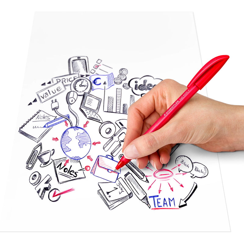 Hand writing with a red Staedtler ball 4320 F ballpoint beside sketched office doodles and the word TEAM