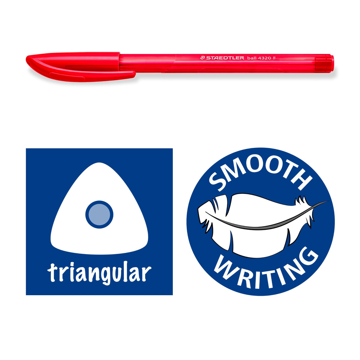 Red Staedtler ball 4320 F pen above two Staedtler badges: a white triangle marked triangular and a round smooth writing emblem