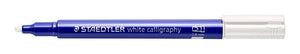 Staedtler 8325-0 white calligraphy marker without its cap on the nib, dark blue barrel printed white calligraphy and white cap posted at the back