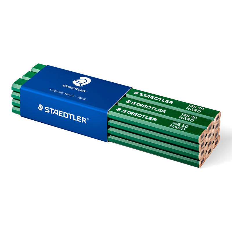 Twelve green Staedtler carpenter pencils in a blue STAEDTLER sleeve printed Carpenter Pencils Hard, the pencil ends printed 148 50 HARD