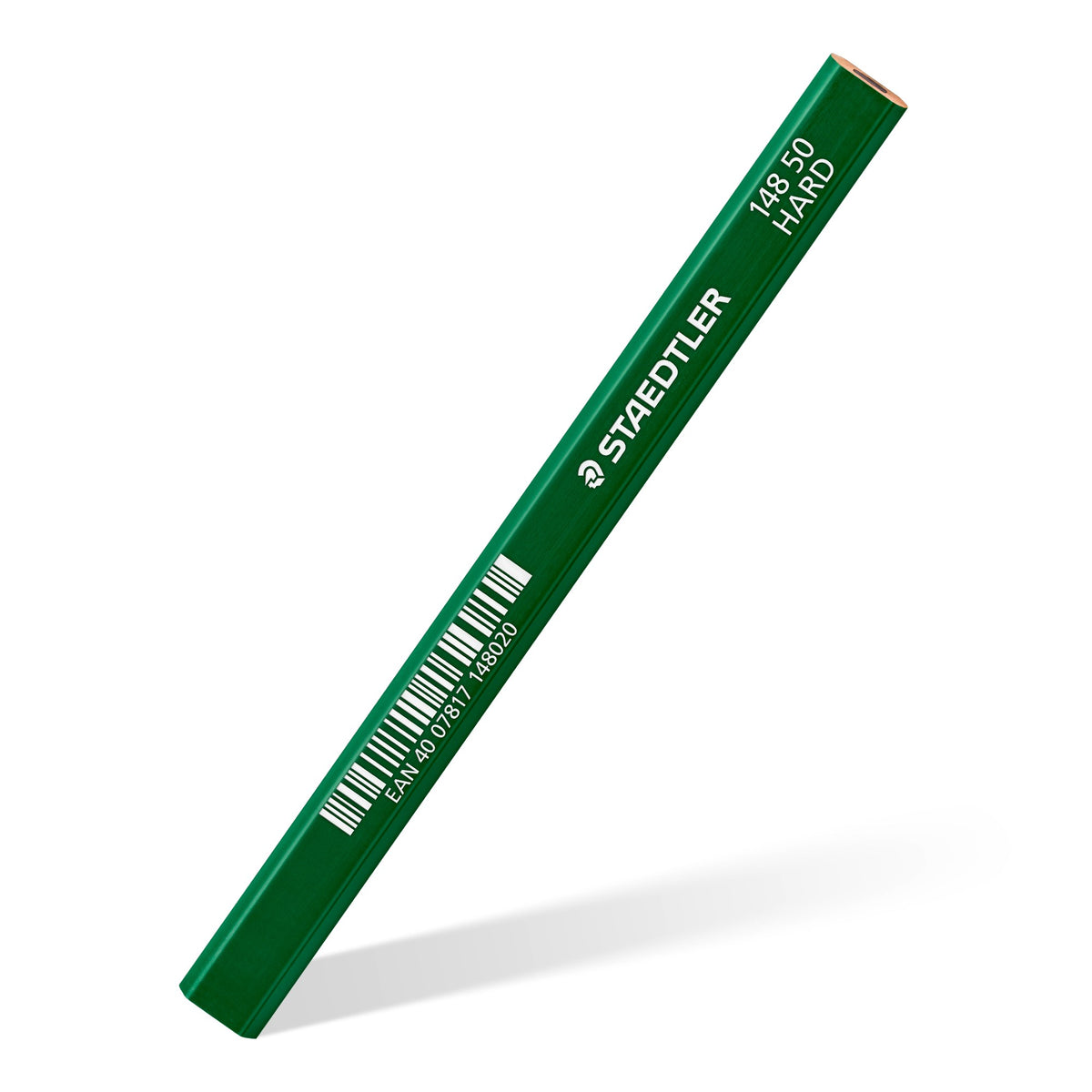 Single green Staedtler carpenter pencil at an angle, printed STAEDTLER, 148 50 HARD and a barcode, both ends cut flat