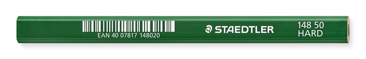 Green Staedtler carpenter pencil lying flat, barcode, STAEDTLER name and 148 50 HARD printed along the lacquer, ends cut flat
