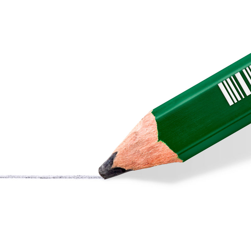 Close view of a sharpened green carpenter pencil point drawing a thin grey line on white