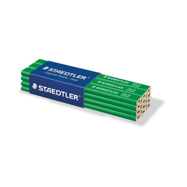 Earlier photo of a box of twelve green hard carpenter pencils held in a blue STAEDTLER band