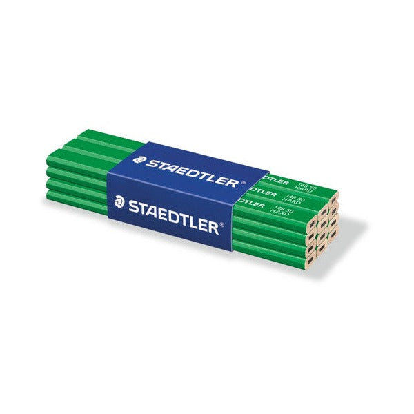 Second earlier view of the twelve green carpenter pencils in their blue STAEDTLER band, seen from the pencil ends