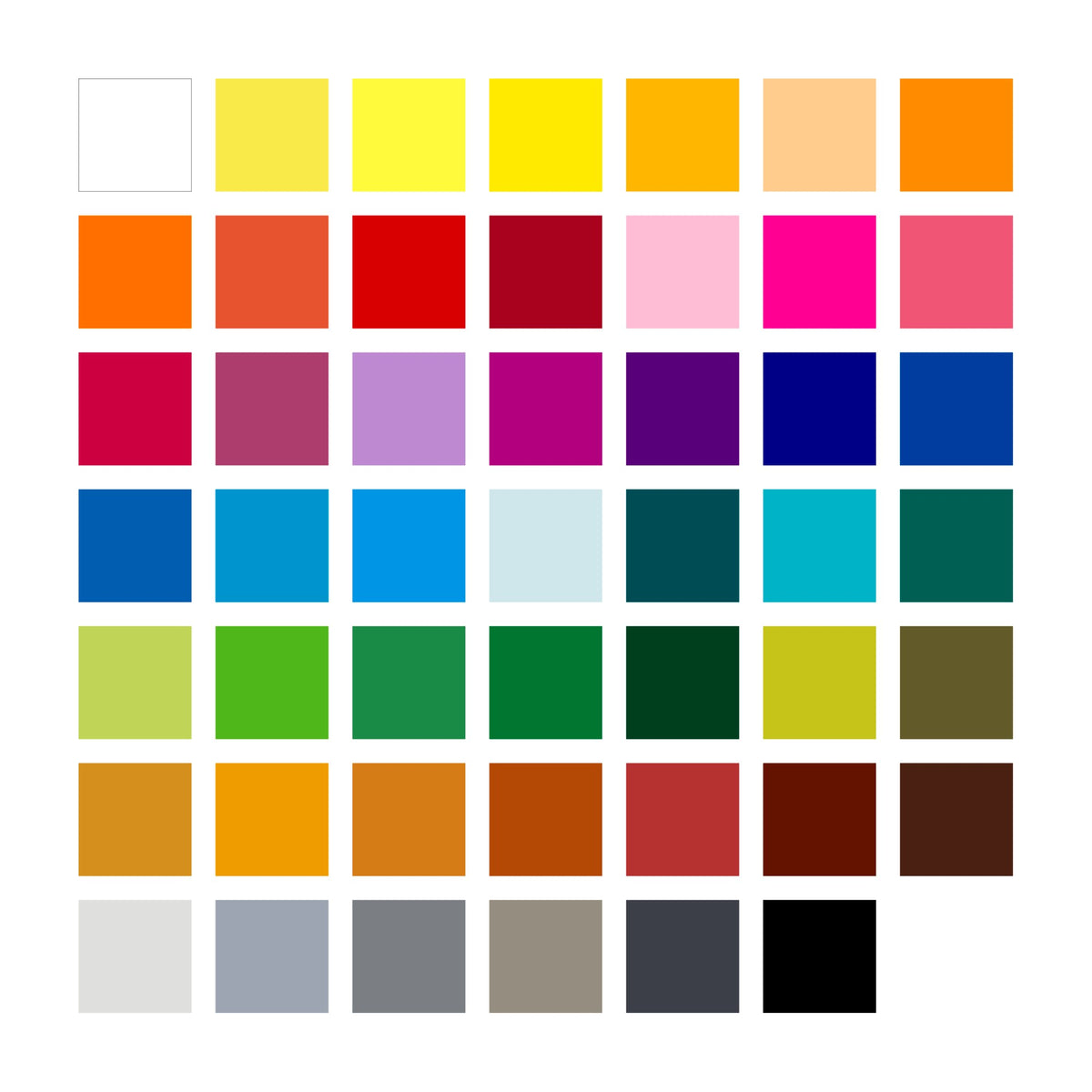 Colour chart of the 48 shades in the 146C M48 tin in seven rows, from white and yellows to greens, browns, greys and black