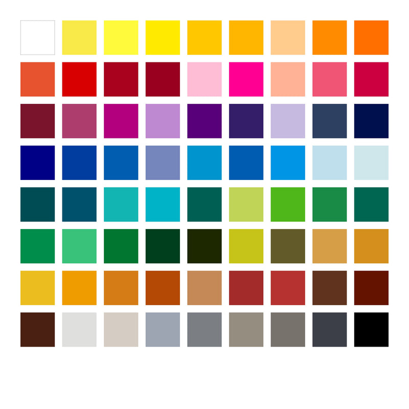 Colour chart of the 72 shades in the 146C M72 tin, arranged in rows from white and yellows through reds, blues and greens to browns and greys
