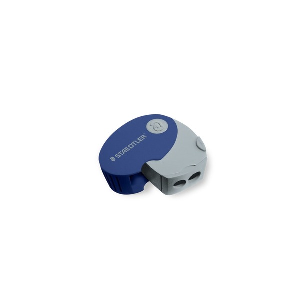 Small side view of the navy and grey Staedtler covered sharpener showing its two pencil holes at the front