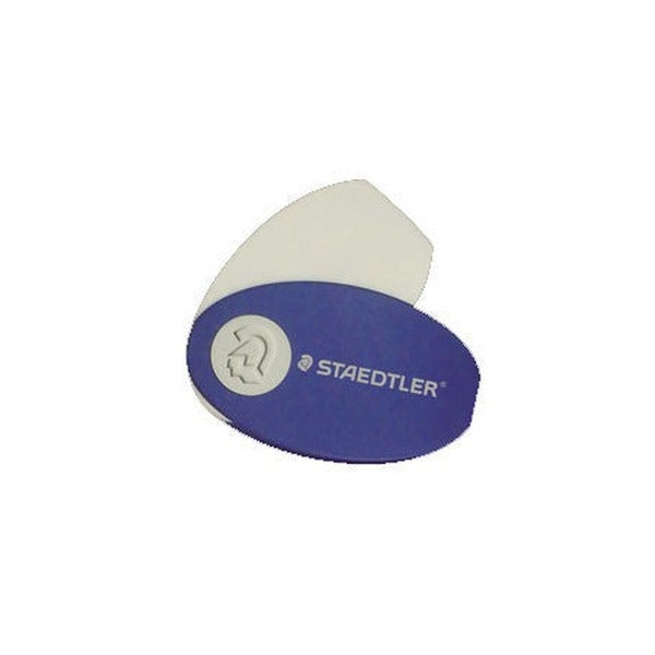 The Staedtler oval covered eraser with its blue cover swung aside on the pivot, showing the white eraser underneath