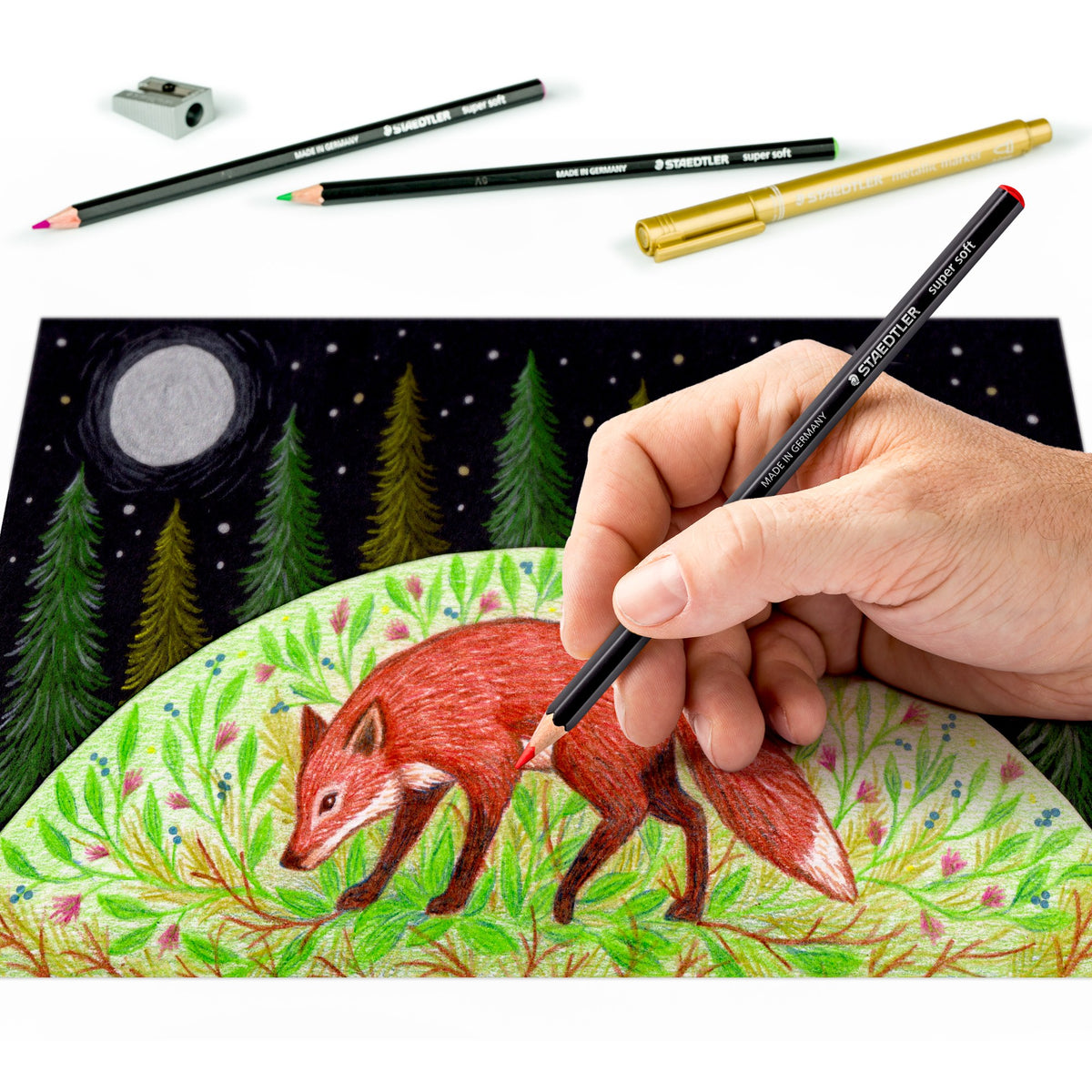 Hand drawing a red fox on a green hill against a black starry sky with a super soft pencil, gold marker and pencils nearby