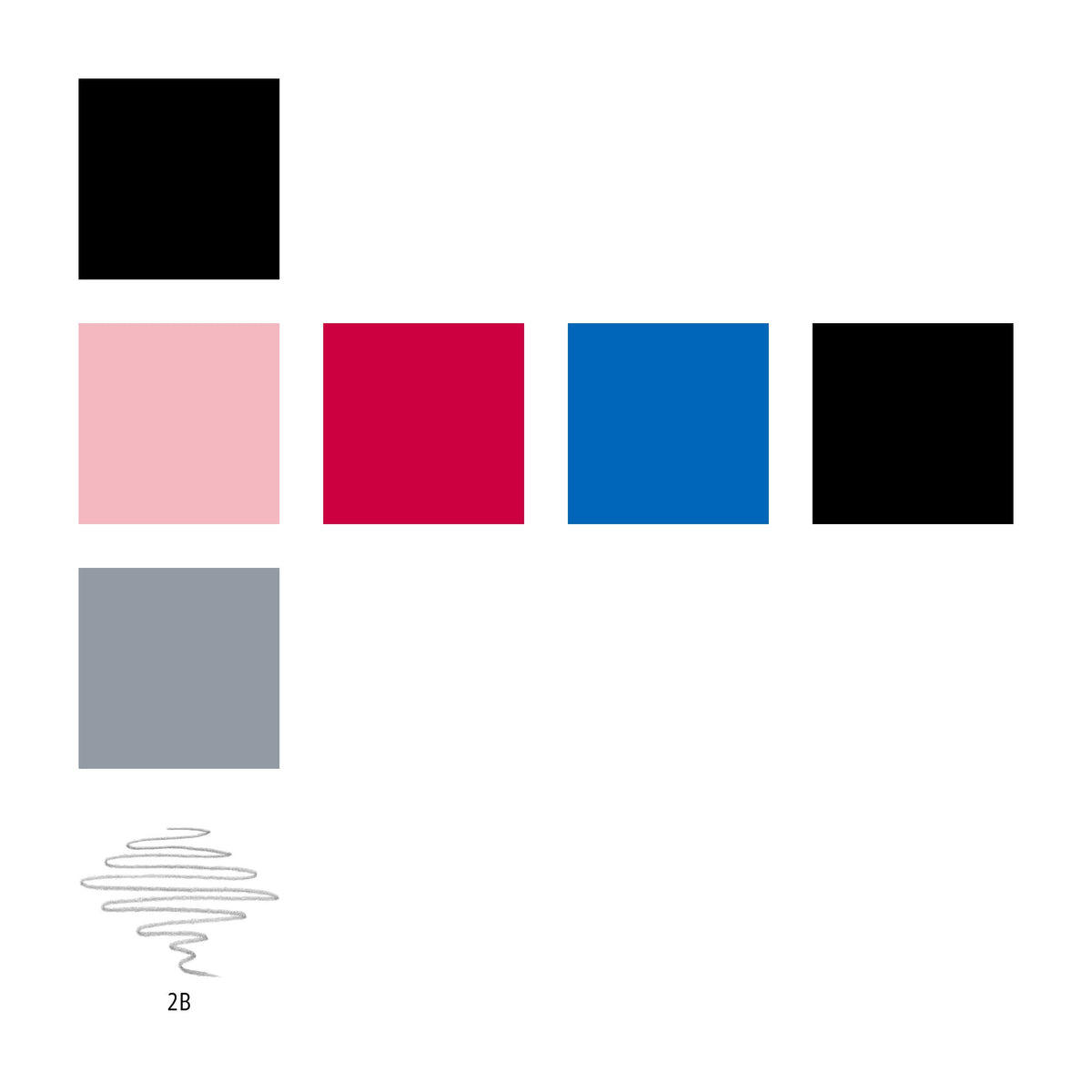 Colour swatches for the lettering set in black, light pink, deep pink, blue, black and grey, with a pencil scribble marked 2B