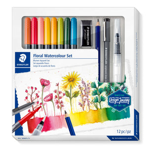Staedtler Floral Watercolour Set box with a window over the brush pens, liner, pencil, eraser and water brush, painted flowers on the front and 12 pc printed