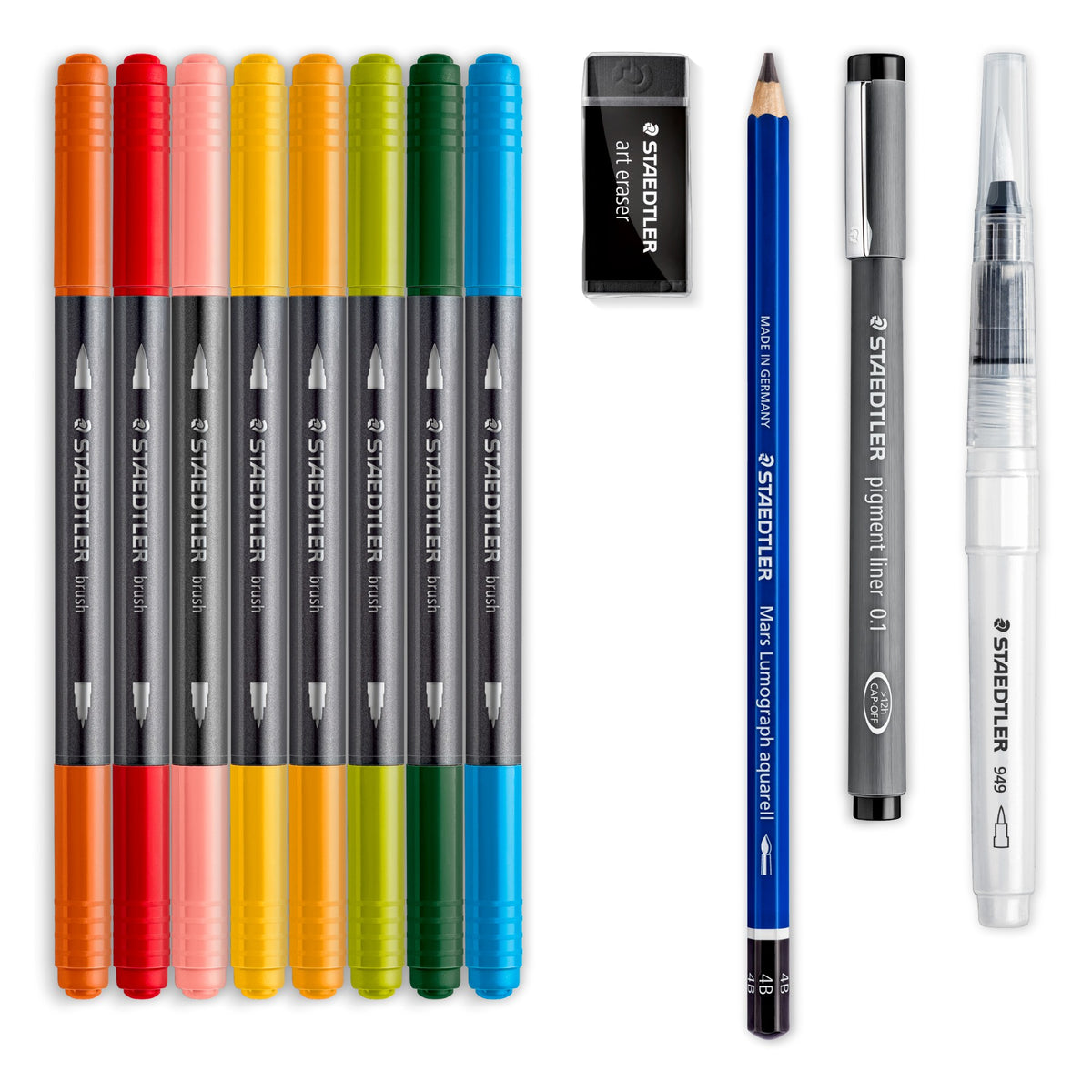 Contents of the floral set laid out: eight double-ended brush pens, an art eraser, a blue watercolour pencil, a pigment liner and a clear water brush