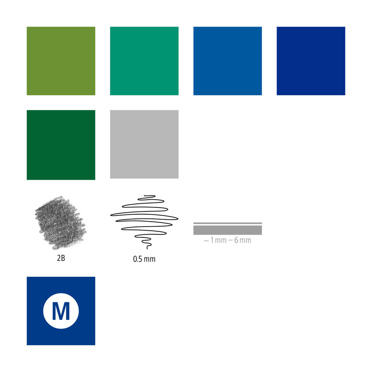 Staedtler colour chart for the set: six colour squares, a 2B pencil swatch, a 0.5 mm liner scribble and a brush line swatch