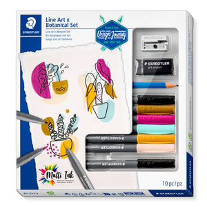 Staedtler Design Journey Line Art x Botanical Set box with a line drawn pot plant and colour patches on the front, pens, pencil, eraser and sharpener visible in the window, printed 10 pc