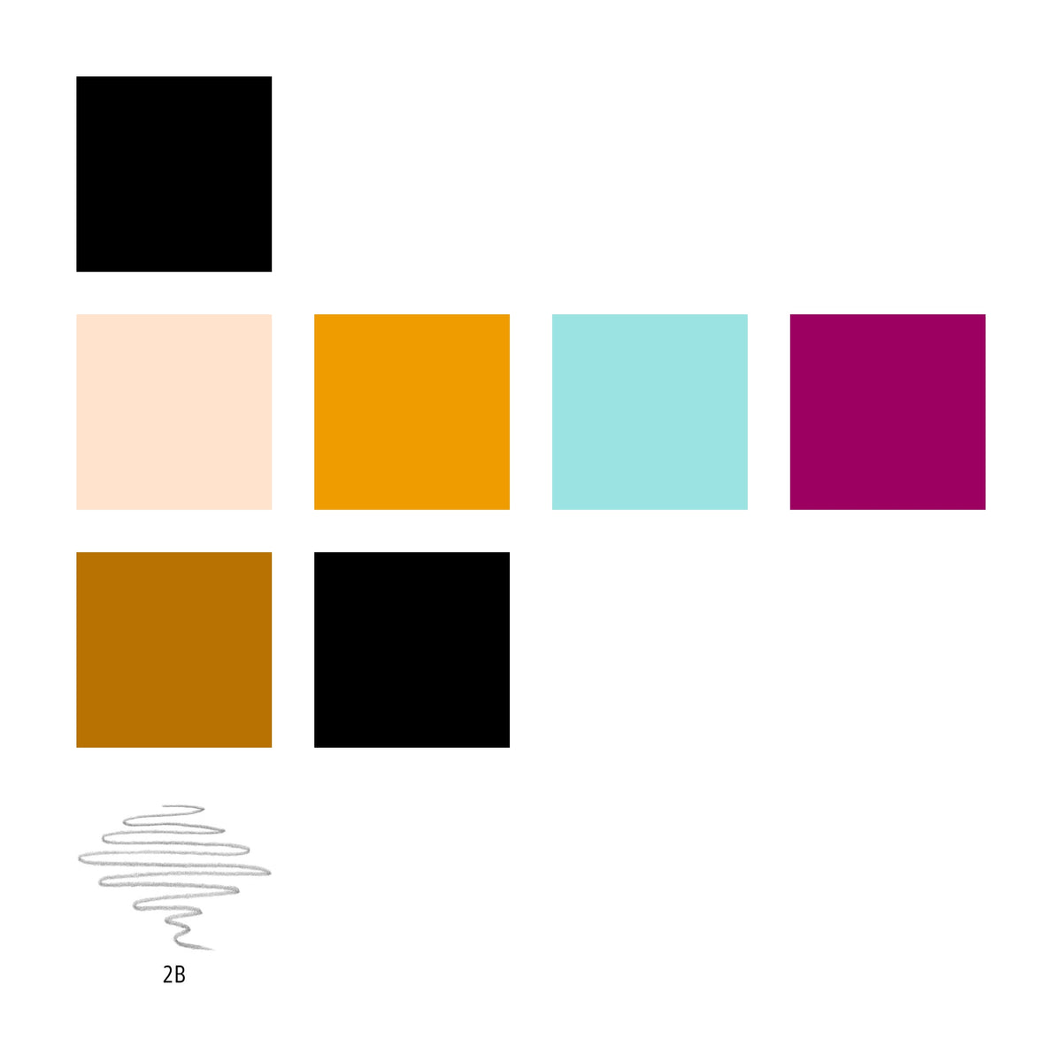 Colour chart for the set showing black, cream, ochre, pale turquoise, magenta, brown and black squares with a grey pencil scribble marked 2B