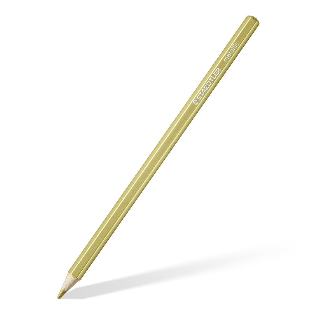 Single Staedtler 146M metallic coloured pencil at an angle, gold barrel and gold sharpened tip