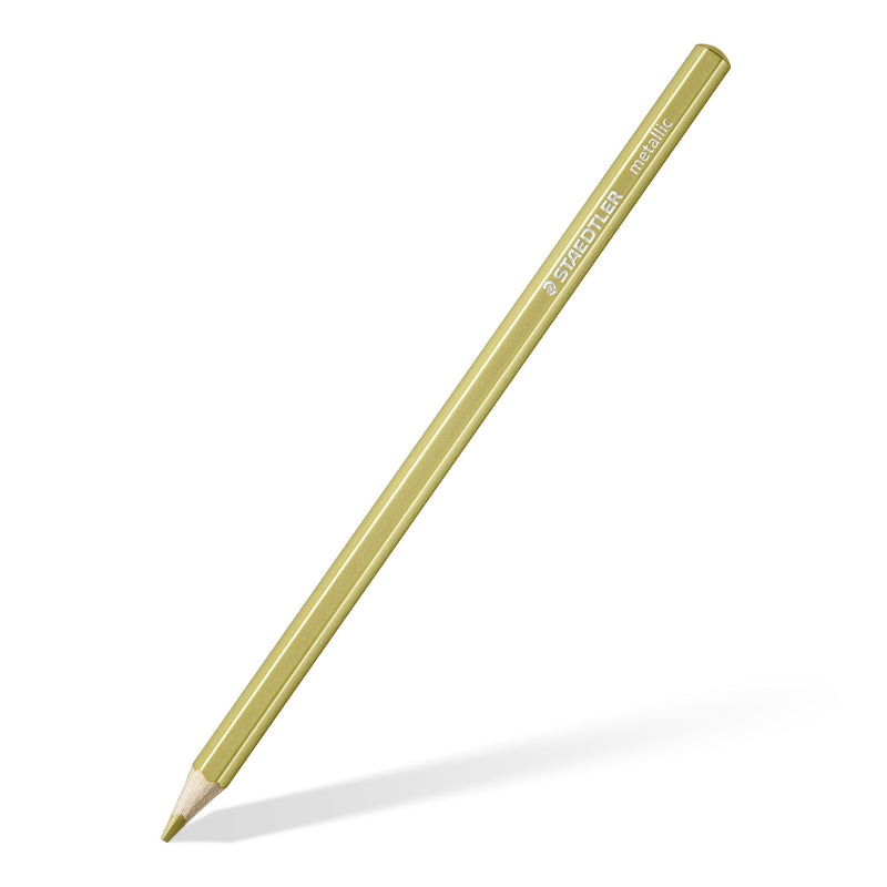 Single Staedtler 146M metallic coloured pencil at an angle, gold barrel and gold sharpened tip