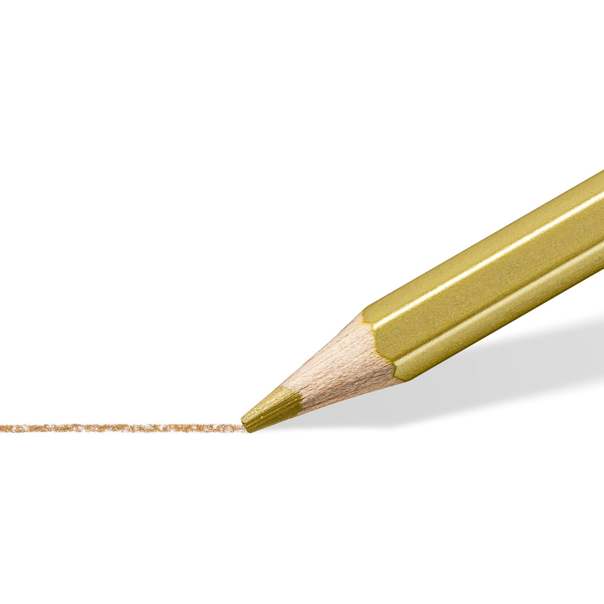 Close view of a gold metallic pencil tip laying a shimmering line on white paper