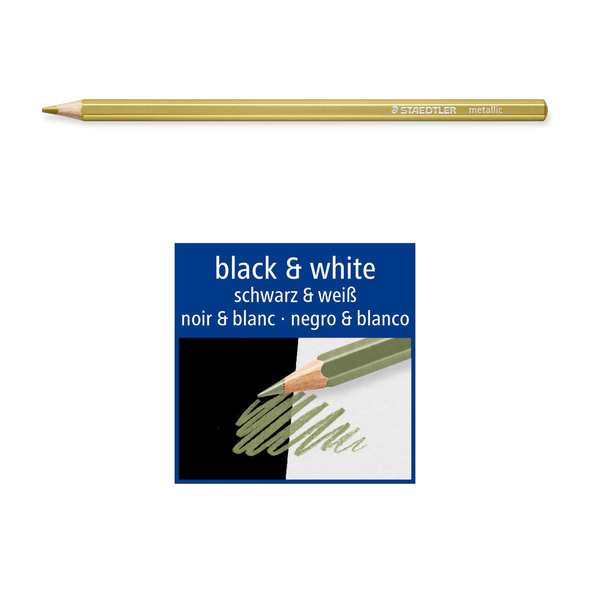 Gold 146M pencil above a Staedtler black and white icon showing the metallic colour on dark and light paper