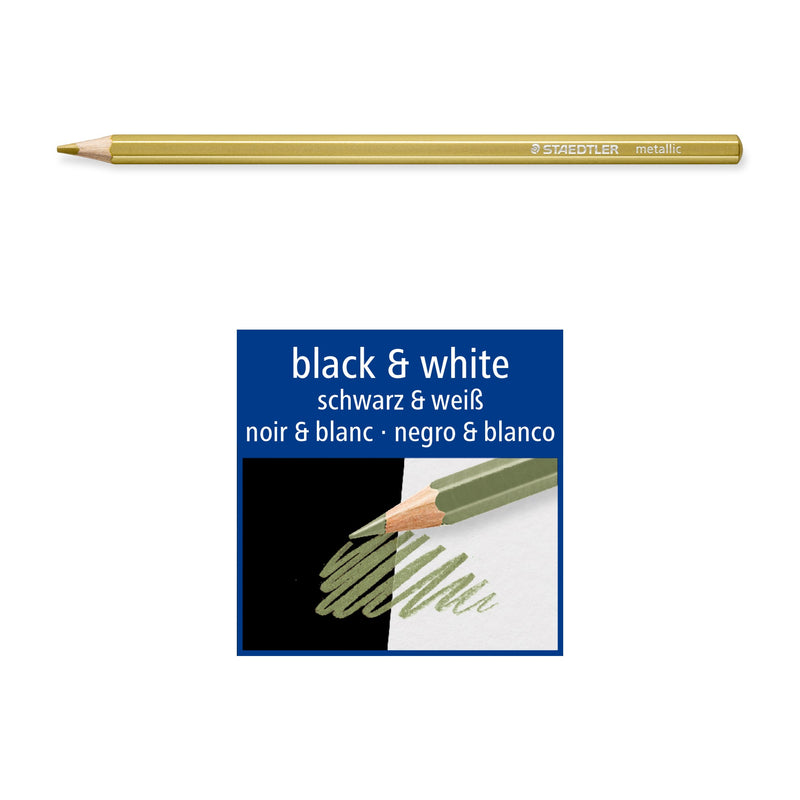 Gold 146M pencil above a Staedtler black and white icon showing the metallic colour on dark and light paper
