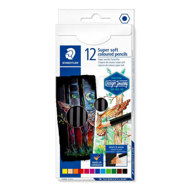 One Staedtler Design Journey box of 12 super soft coloured pencils with an owl in a dark forest artwork; this listing supplies ten such boxes