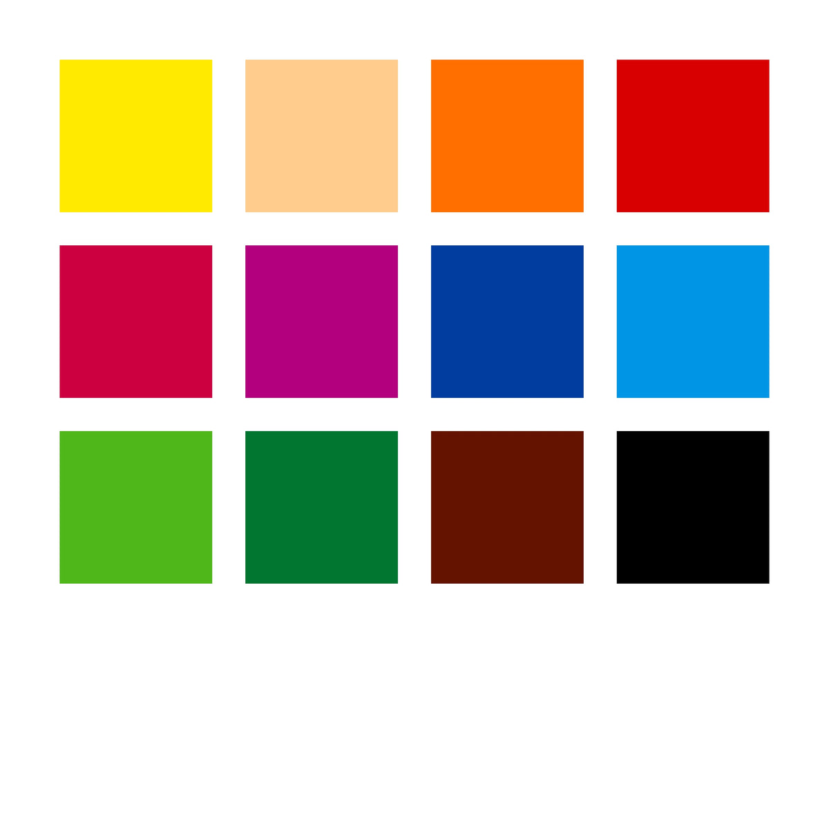 Twelve colour squares for the 149C C12 box, from yellow, peach, orange and red through violets and blues to greens, brown and black