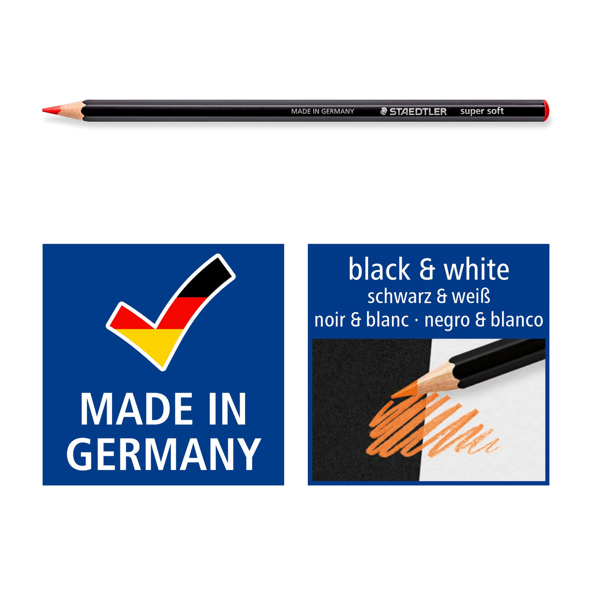 Super soft coloured pencil above Staedtler icons for made in Germany and bright colour on black and white paper
