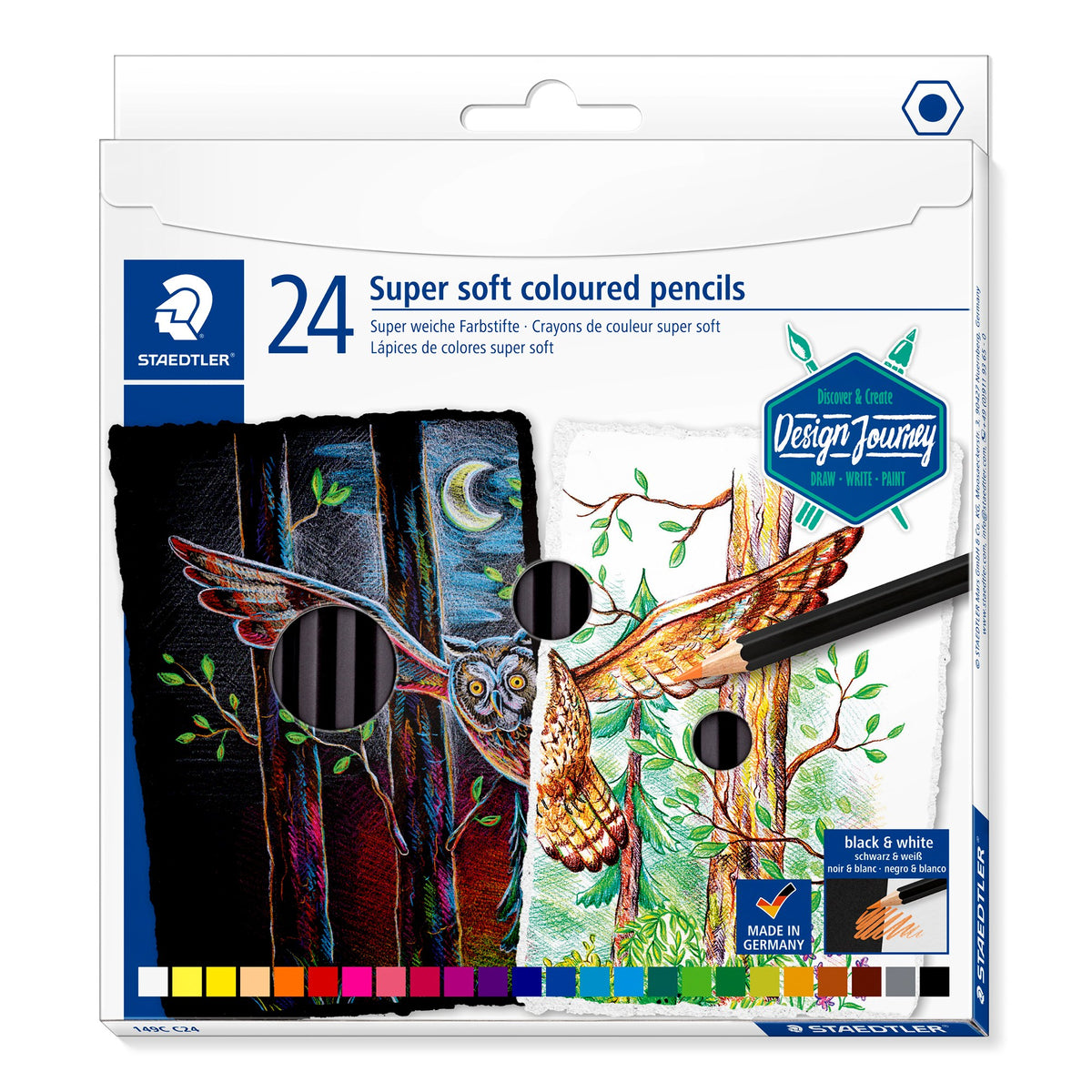Staedtler Design Journey box of 24 super soft coloured pencils 149C C24, owl artwork drawn half on black and half on white paper, colour chips along the base