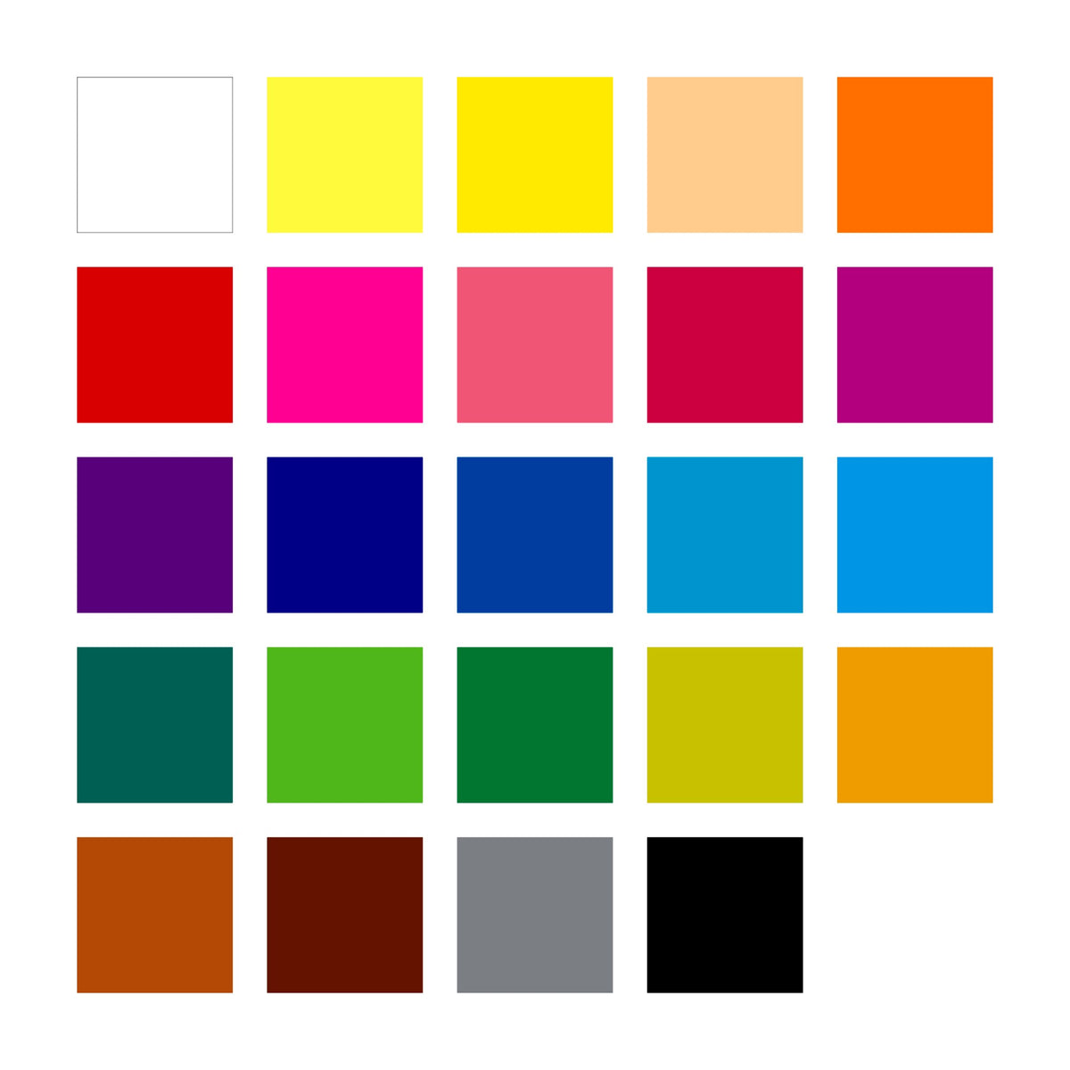 Colour chart of the 24 shades in a 149C C24 box, from white and yellows through reds, violets, blues and greens to browns, grey and black