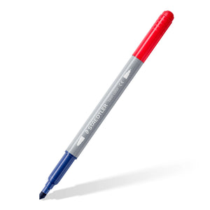 Grey barrelled Staedtler 3280 twin pen, red cap at the top end and a blue tip at the other