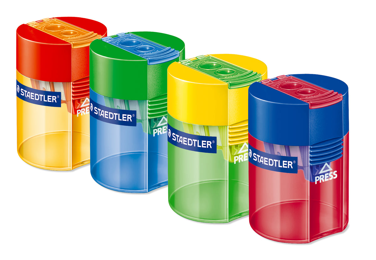 Four Staedtler 512 006 double hole tub sharpeners in assorted colour combinations of red, yellow, green and blue