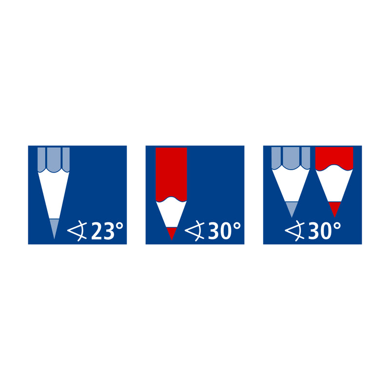 Icons showing the Staedtler double hole sharpener angles of 23 degrees for standard pencils and 30 degrees for thick pencils