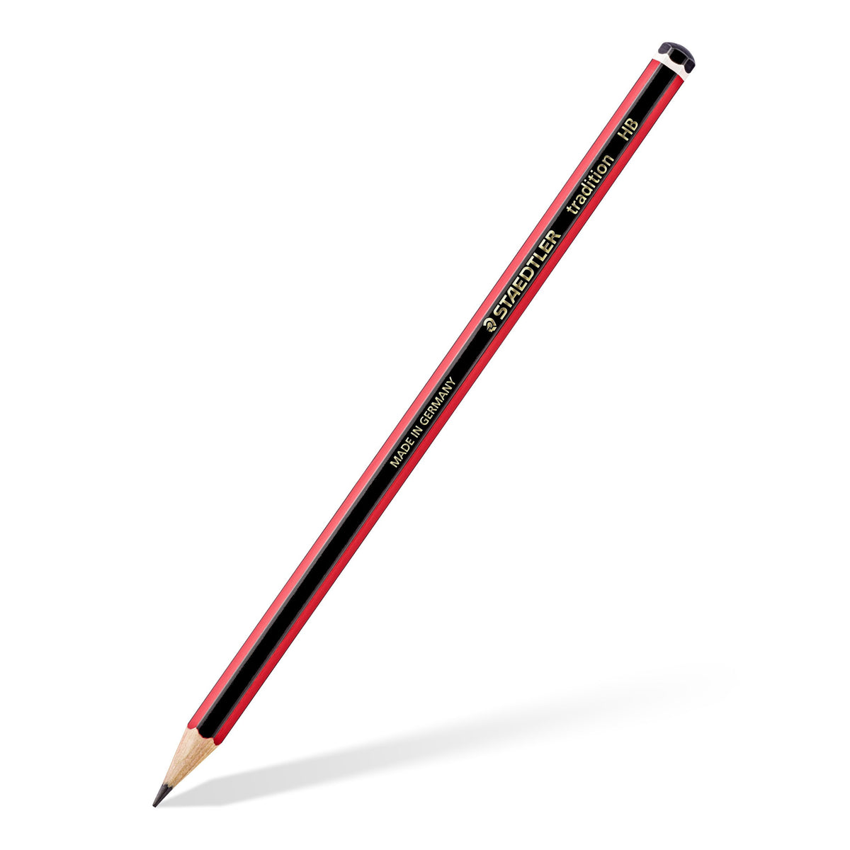 One red and black Staedtler tradition HB pencil shown at an angle; each Essential kit holds six of them