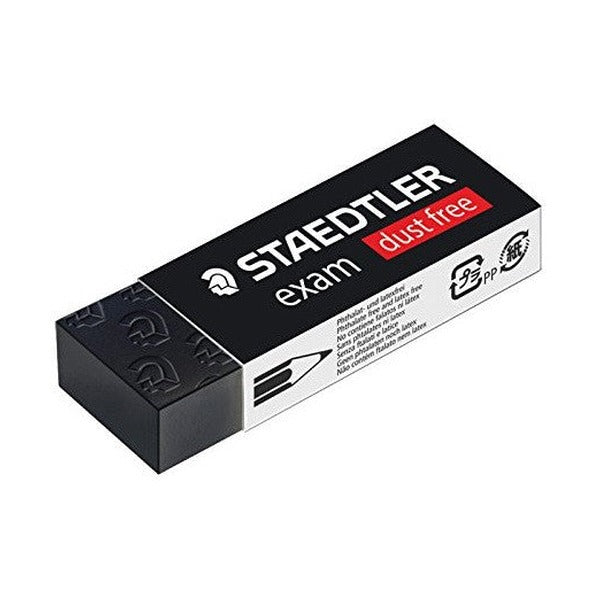 One Staedtler exam black eraser with a black and white sleeve printed STAEDTLER exam dust free