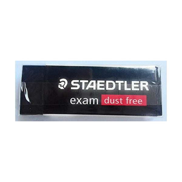 A Staedtler exam dust free black eraser photographed still sealed in its clear film wrap