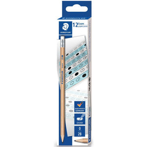 Staedtler box of 12 Exam graphite pencils with answer bubble artwork, a natural wood 2B pencil with eraser tip on the front
