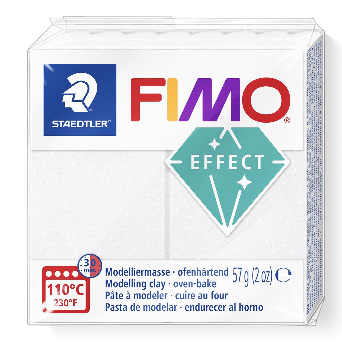 FIMO effect galaxy white 8010-002 block in its wrapper, white sparkling clay under the FIMO EFFECT logo with a 110°C 30 min icon