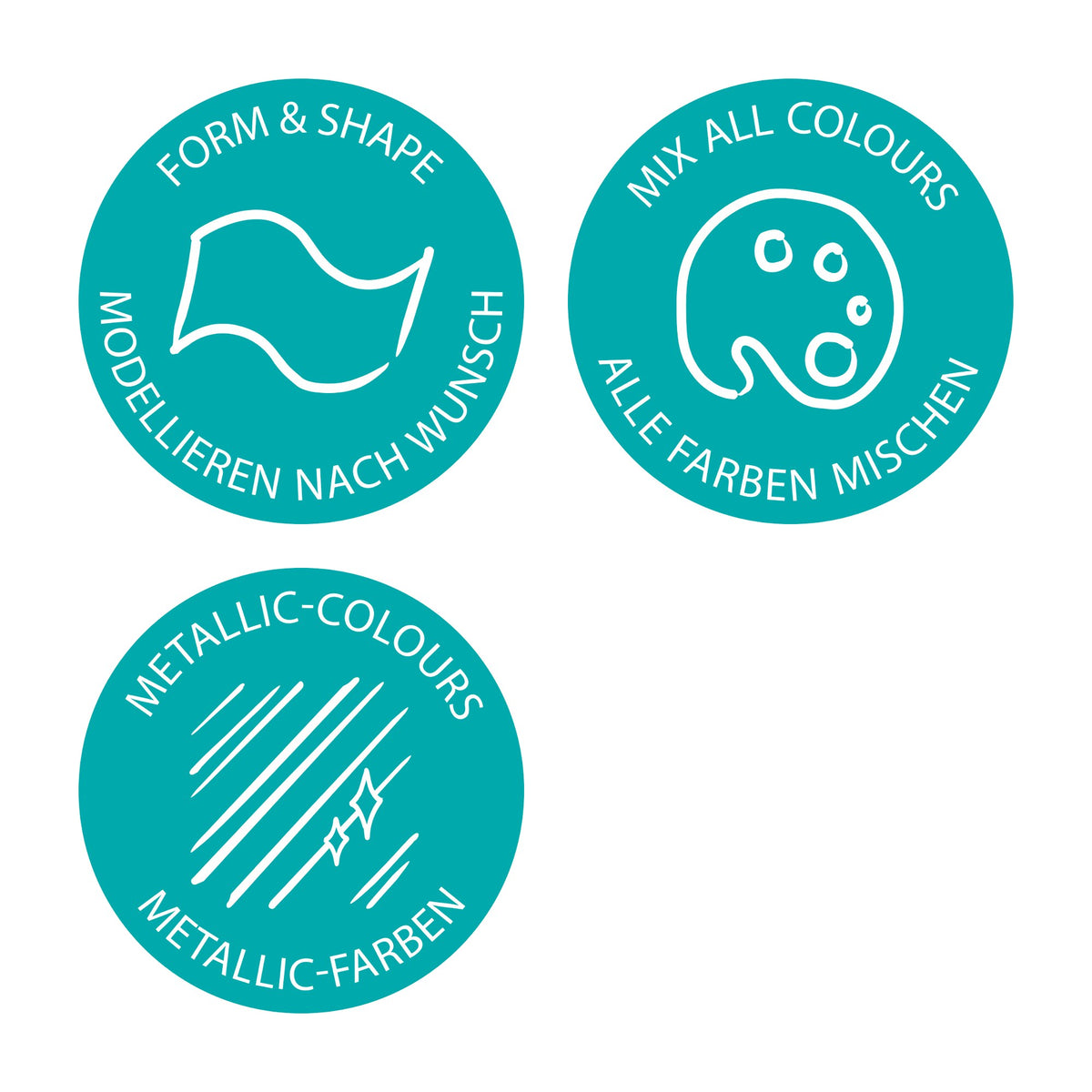 Three teal Staedtler roundels reading FORM and SHAPE, MIX ALL COLOURS and METALLIC-COLOURS