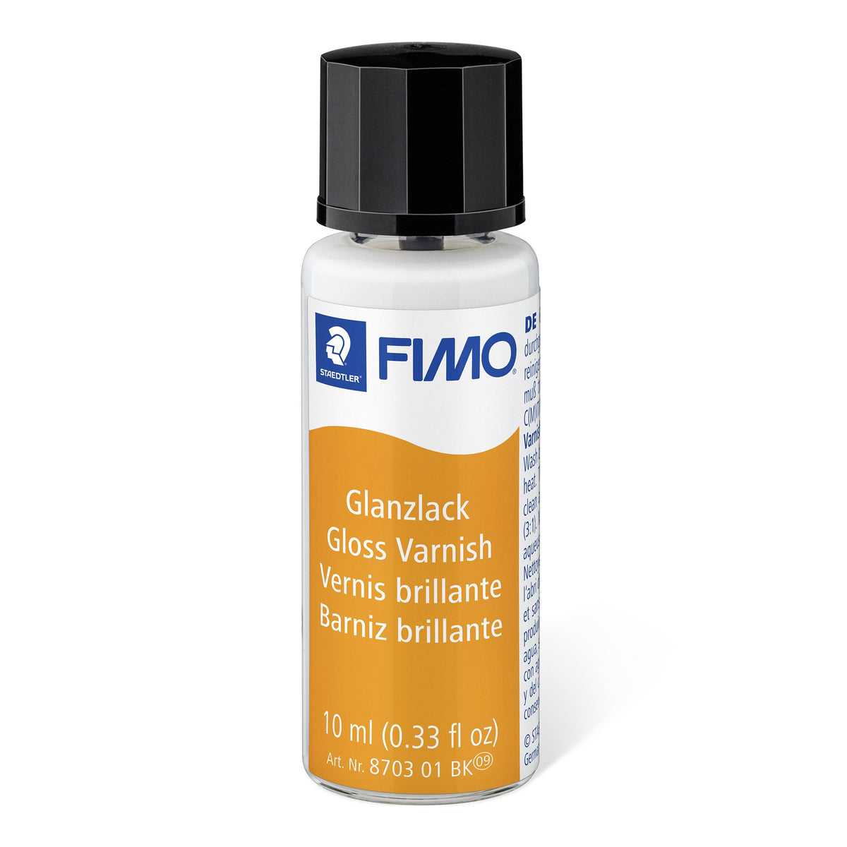 FIMO gloss varnish 10 ml (0.33 fl oz) bottle with an orange Glanzlack Gloss Varnish label and black screw cap