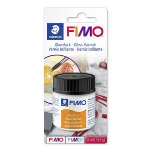 Current FIMO gloss varnish blistercard with a 35 ml jar and black lid, labelled Glanzlack Gloss Varnish, with FIMO and FIMOair logos