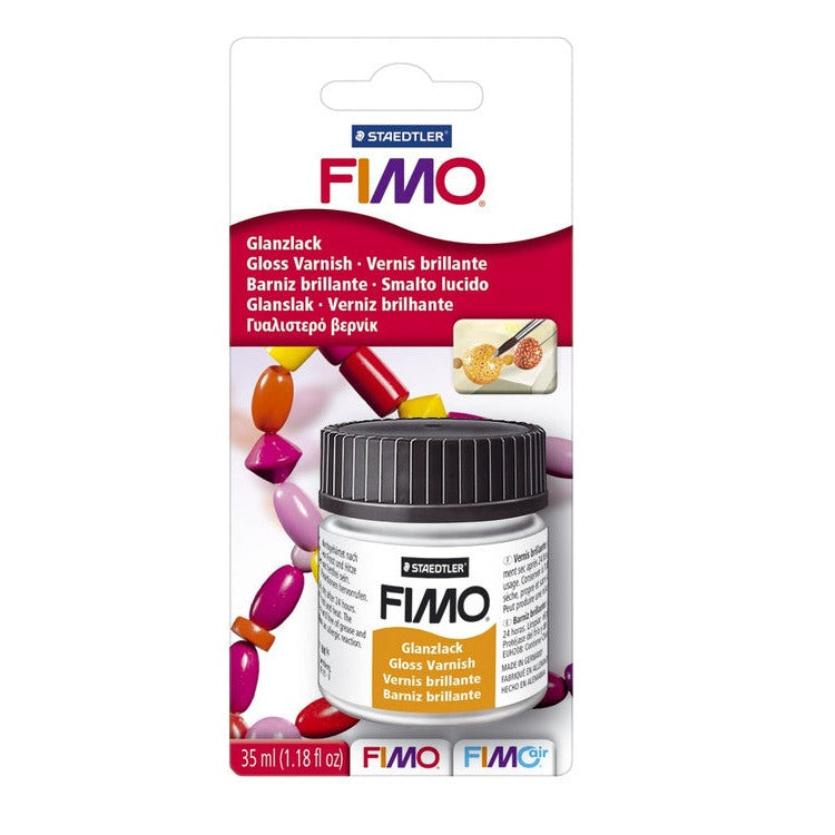 Earlier FIMO gloss varnish blistercard in red and white with colourful beads pictured and a 35 ml jar, shown as previous packaging