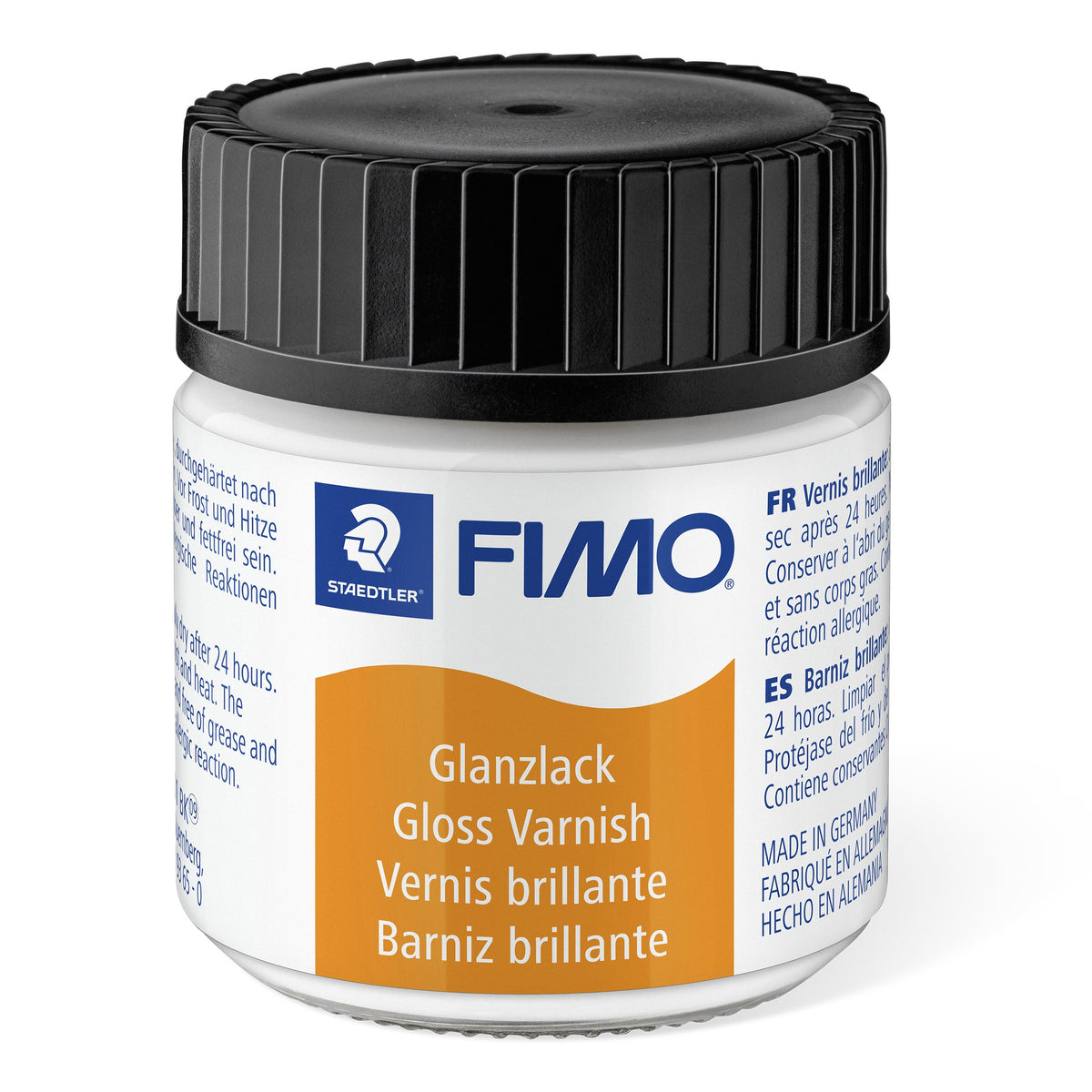 Jar of FIMO gloss varnish with black screw lid and orange label reading Glanzlack Gloss Varnish Vernis brillante Barniz brillante