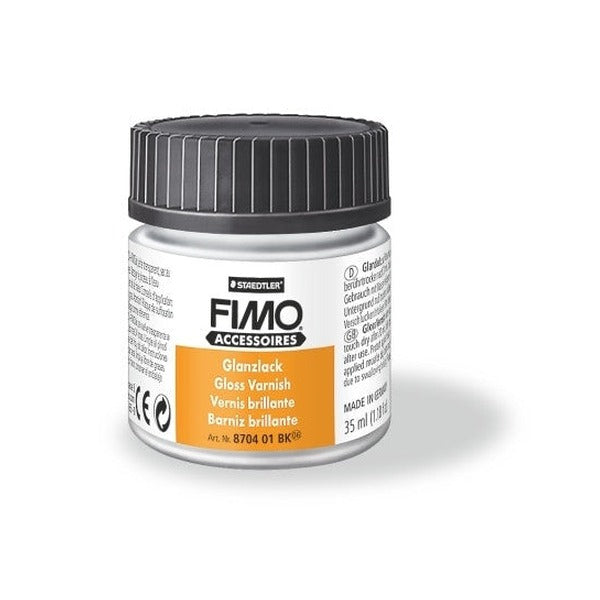Earlier FIMO Accessoires gloss varnish jar with grey lid and orange label, previous packaging of article 8704 01 BK