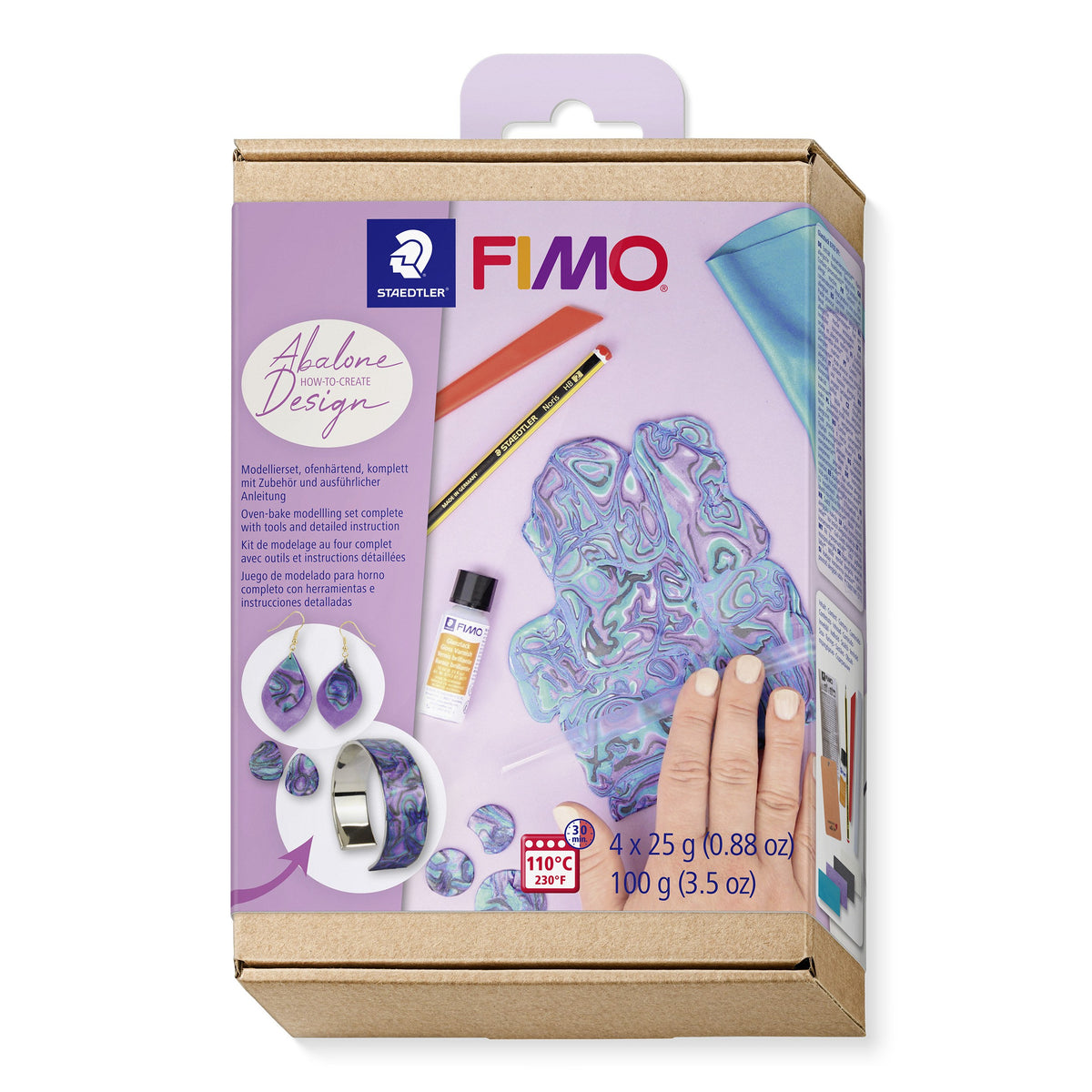 FIMO How-to-create Abalone Design set box with a hanging tab, showing swirled blue and lilac clay, jewellery ideas and 4 x 25 g