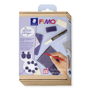 FIMO How-to-create Denim Design set box with a hanging tab, showing denim clay pieces, a paint marker and 4 x 25 g printed