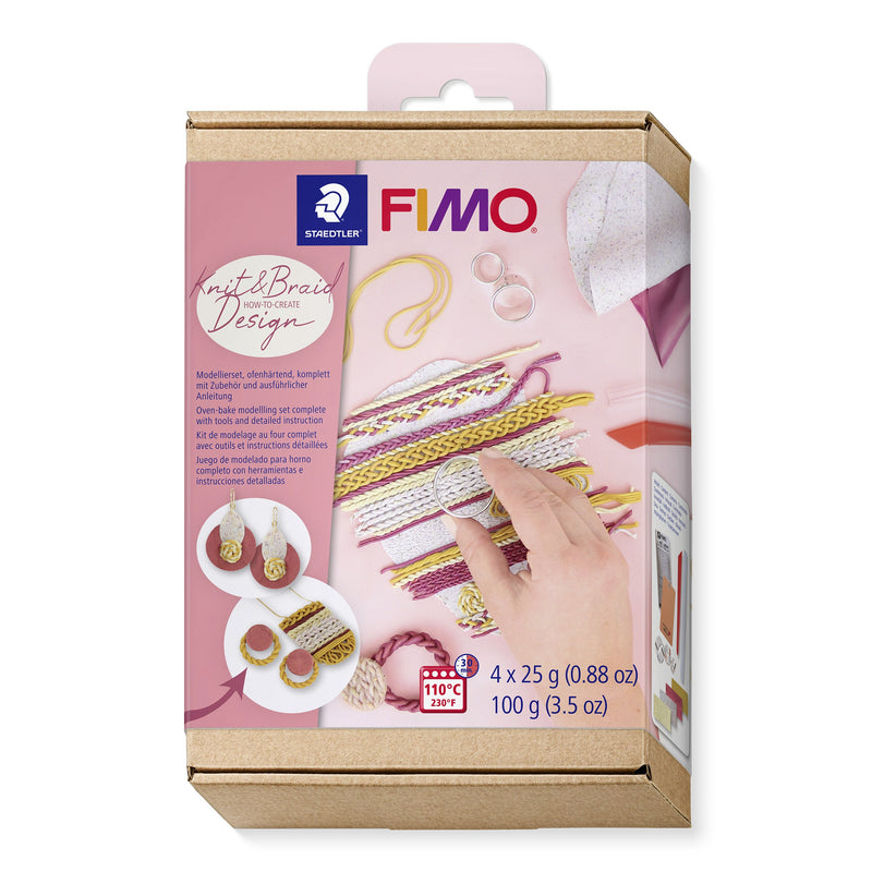 FIMO How-to-create Knit and Braid Design set box with a hanging tab, showing plaited gold and berry clay ropes and 4 x 25 g
