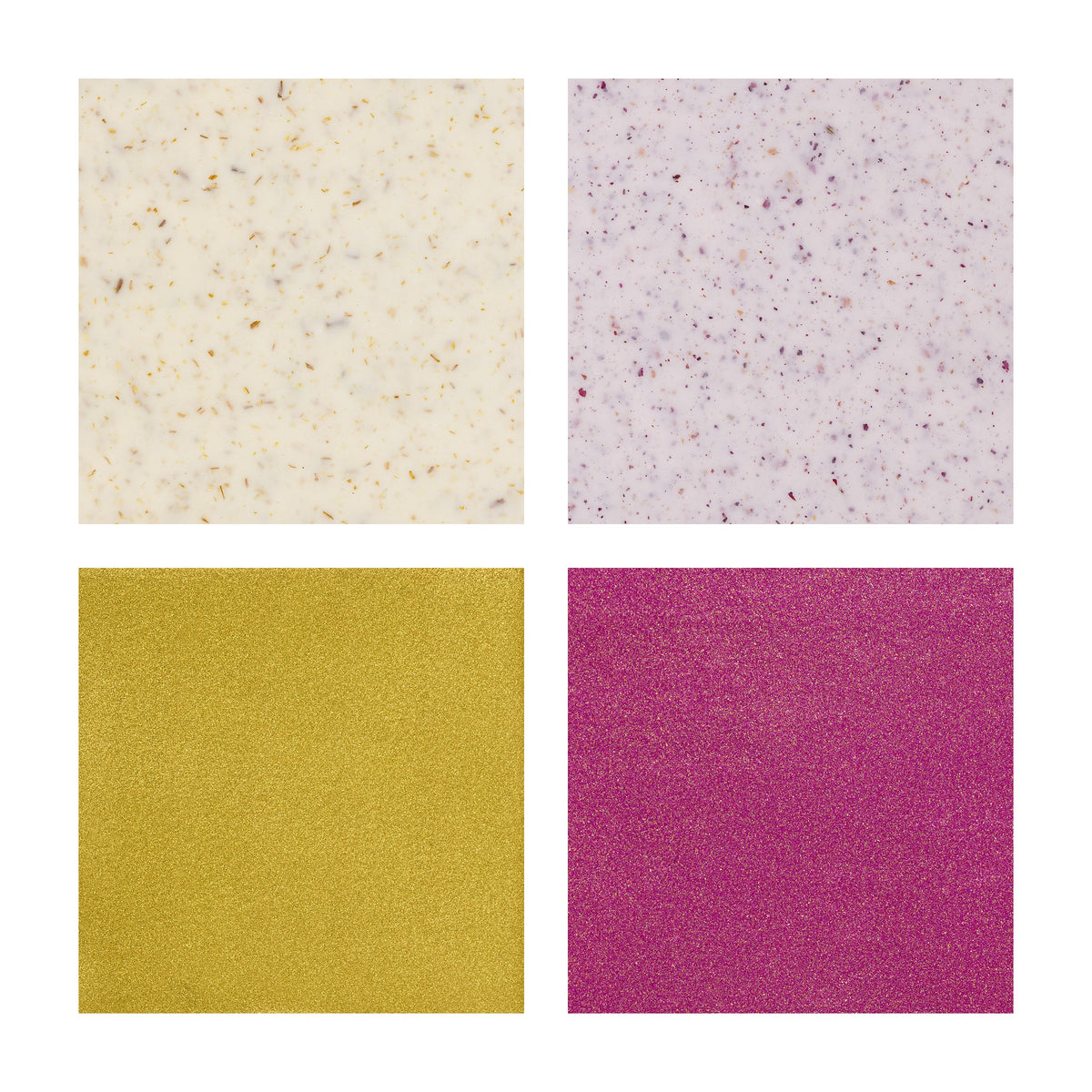 Four colour squares for the knit and braid set: speckled cream, speckled pink, metallic gold and berry